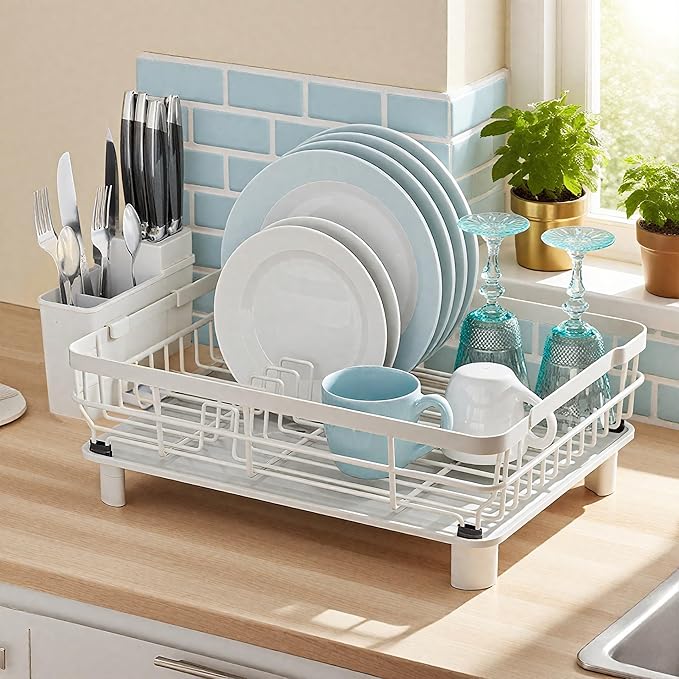 MOUKABAL Dish Drying Rack, Dish Rack, Large Dish Racks for Kitchen Counter, Drying Rack Kitchen with Removable Utensil Holder, Drainboard 16.9" x 12.9" x 5.9"(White)-Ruum Studio Home