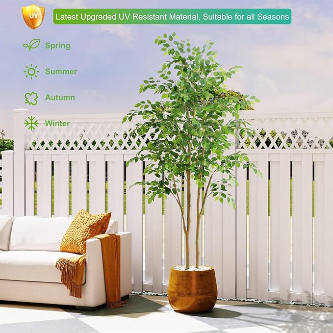 Tall UV Resistant Ficus Tree Artificial，7ft(84in) Realistic Texture Potted Faux Ficus Tree， Fake Trees Indoor Outdoor for Home Office Living Room Bedroom Foyer Porch Decor.-Ruum Studio Home