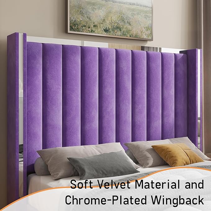 Jocisland Queen Bed Frame with 58" Tall Headboard, Velvet Upholstered Platform Bed with Channel Tufted Wingback Headboard and Plating Trim, No Box Spring Needed, Purple-Ruum Studio Home
