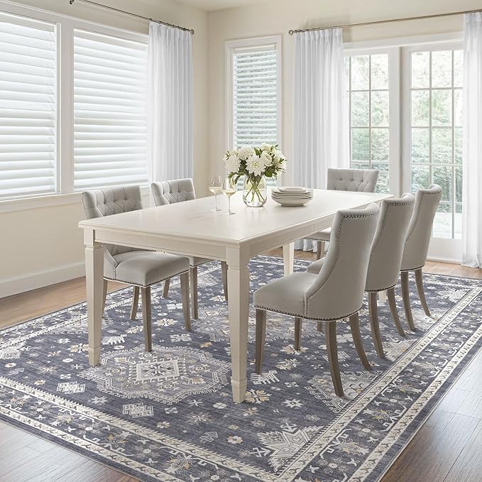 Washable Area Rugs for Living Room -8x10 Neutral Vintage Distressed Floral Farmhouse Boho Large Soft Floor Rug Indoor Non Slip Carpet for Living Room Bedroom Dining Room Office - Denim Blue/Grey-Ruum Studio Home