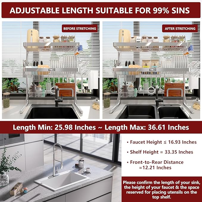 VNKZI Over Sink Dish Drying Rack, 3 Tier Full Stainless Steel Storage Adjustable Length (25.98'' to 36.61'') Kitchen Rack, Multifunctional Expandable Counter Organizer, Space Saver Dish Rack-Ruum Studio Home