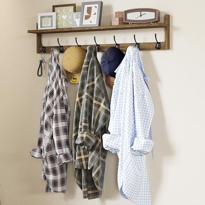 BAMEOS Coat Rack Wall Mount, Large Wooden Coat Hooks with Shelf, 35" L, 7 Dual Metal Hooks for Entryway, Bathroom, Kitchen, Living Room, Bedroom-Ruum Studio Home