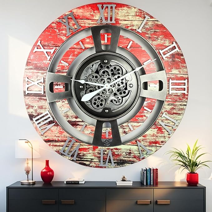 The Gears Clock Real Moving Gear Wall Clock England Line (Red Lava, 36 inches (90 cm))-Ruum Studio Home