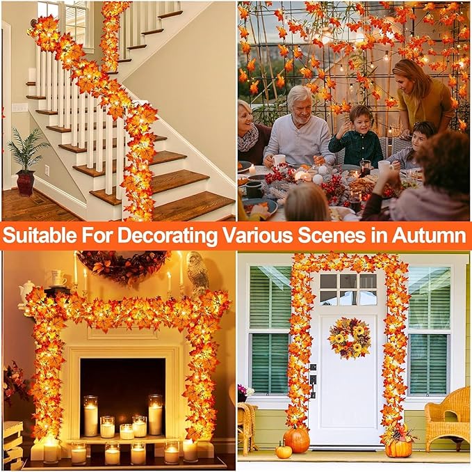 Timer & Thicker Leaves - 2 Pack Fall Garland with Lights Fall Hallowen Decorations Indoor Total 80 Leaves 40LED 13Ft Battery Operated Halloween Garland Thanksgiving Decor Home Indoor Outdoor Christmas-Ruum Studio Home
