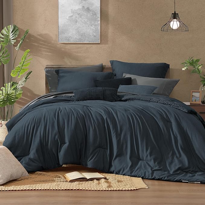 Monbix Queen Comforter Set - 7 Pieces Cationic Dyeing Navy Blue Bed in a Bag Queen Bedding Sets with Comforter, Sheets, Pillowcases & Shams, Reversible Bedding Comforters Sets-Ruum Studio Home