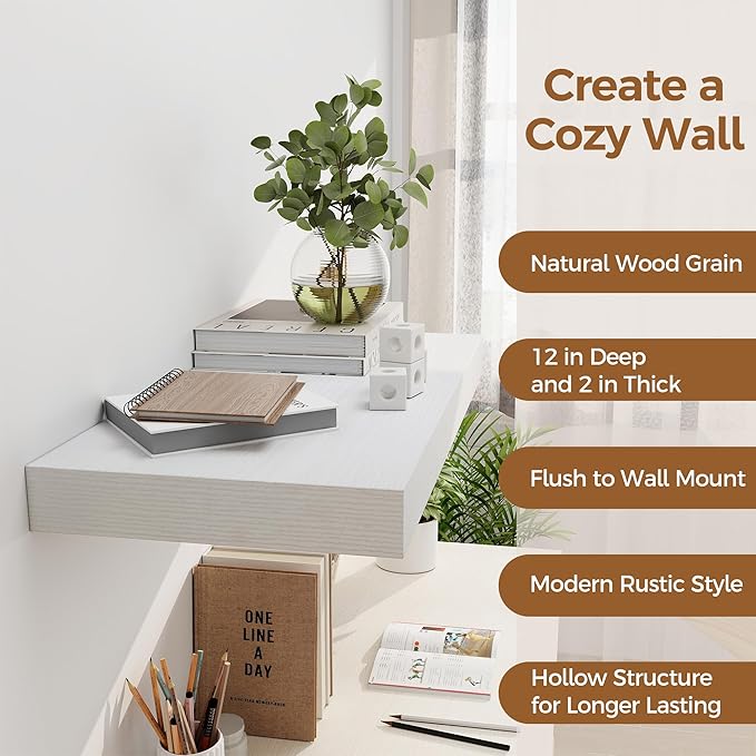 12 Inch Deep White Floating Shelves, 24 x 12 Floating Shelf for Books, Rustic Wood Deep Wall Shelves for Home Storage & Display, 2" Thicked Shelves for Kitchen, Living Room, Bedroom, 2 Pack-Ruum Studio Home