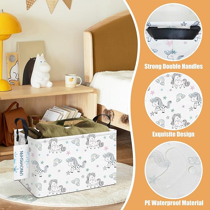 LANGYASHAN Rectangular Storage Bin Collapse Canvas Fabric Cartoon Storage Basket with Handles for Organizing Home Kitchen Boys and Girls Toys Office Closet Shelf Baskets (Rec Rainbow Unicorn)-Ruum Studio Home