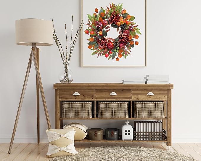 22 Inch Fall Chrysanthemum Wreath Harvest Floral Wreath with Apples Pinecones Berries and Eucalyptus Maple Leaves for Fall Thanksgiving Halloween Mantel Table Outdoor Front Door Wall Window-Ruum Studio Home