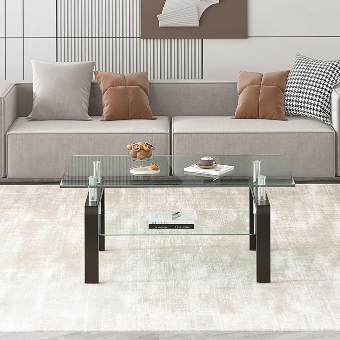 Glass Coffee Table Rectangle Living Room Center Table, with Tempered Glass Tabletop Black Metal Leg,for Living Room and Office (Dou-Clear Glass)-Ruum Studio Home