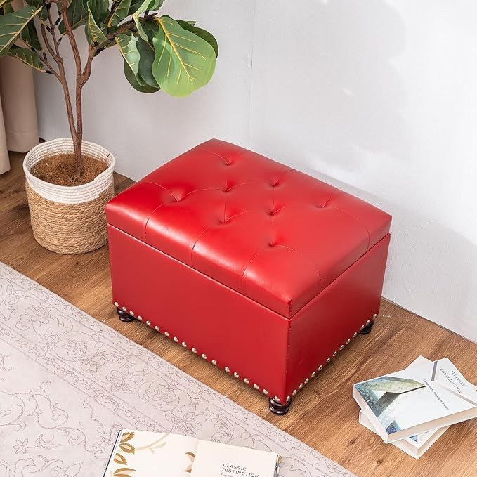 Joveco Leather Storage Ottoman, 24" Rectangle Square Bench Foot Rest Stool for Bedroom Living Room, Red-Ruum Studio Home