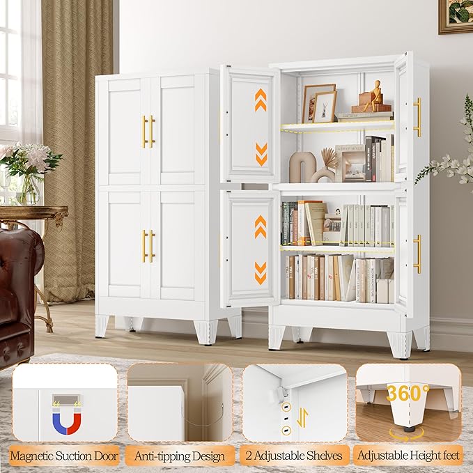 47.25" Metal Pantry Cabinet, Storage Cabinets with 4 Door and 2 Adjustable Shelves, White Bathroom Cabinet, Freestanding Cupboard for Kitchen Dining Living Room Bathroom-Ruum Studio Home