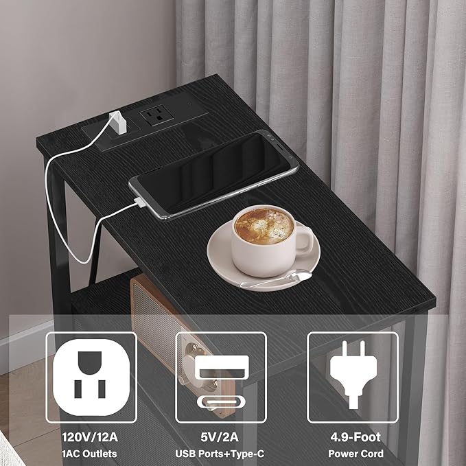 TUTOTAK Narrow Night Stand with Charging Station, Slim End Table with Plugins, Tall Side Table with 3 Fabric Drawer, Small Bedside Table with Storage, Living Room, Bedroom, Black TB01BK086-Ruum Studio Home