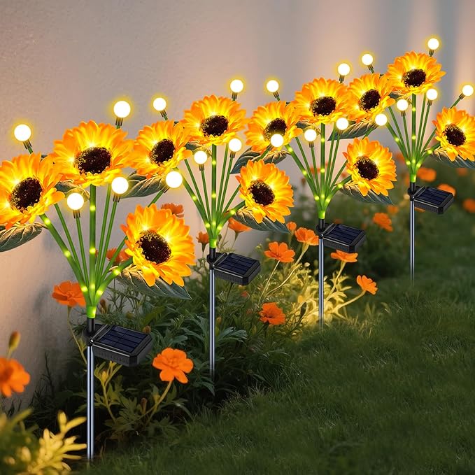 Solar Garden Lights Outdoor - Upgraded 4 Pack Solar Sunflowers Outdoor Waterproof with Firefly Lights,Garden Decor for Outside Yard Patio Lawn, Gardening Gifts for Mom Women Grandma-Ruum Studio Home