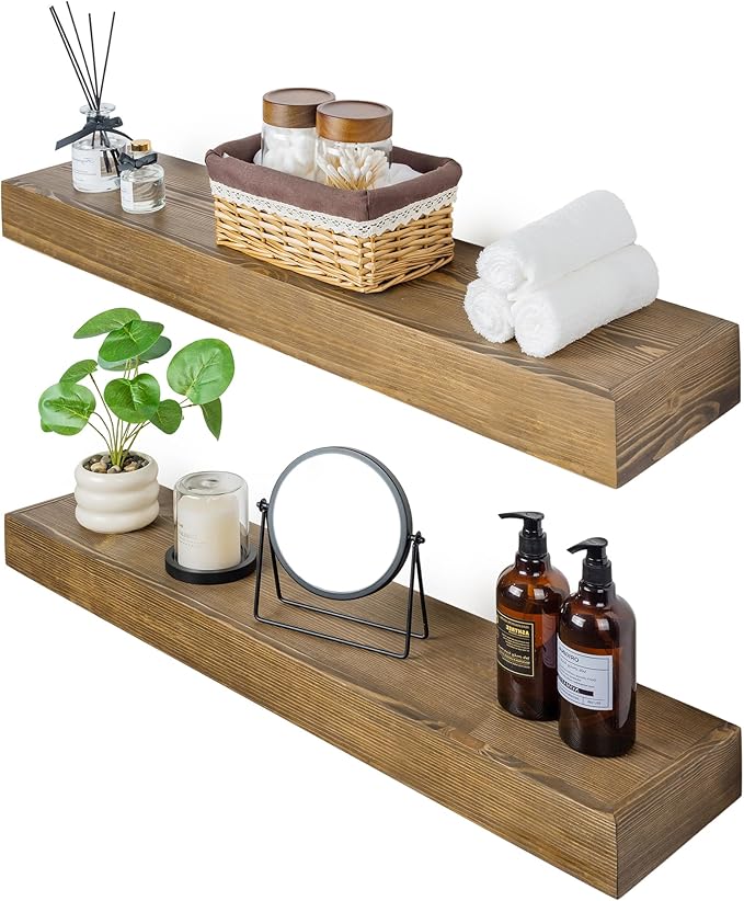 Floating Shelves 24 inch for Wall Set of 2,3 inch Thick Pine Wood Wall Mount Shelf for Kitchen Living Room Bedroom Bathroom,8" D x 24" L x 3" H-Drak Walnut-Ruum Studio Home