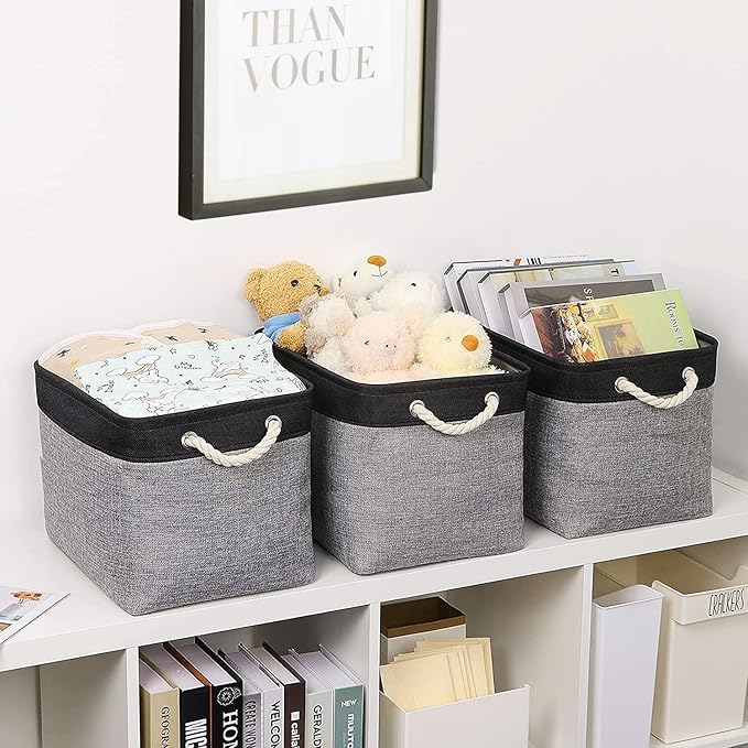 TheWarmHome Storage Basket for Organizing - 16x12x12 inch Cube Storage bin 3 Pack Fabric Storage Cubes, Collapsible Storage Box for Organizer Cloth Gift Toy Closet (Black & Grey)-Ruum Studio Home