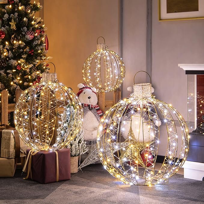 Tangkula Christmas LED Light Balls for Tree (3 Pack), Outside Lighted Sphere with 180 Warm White & 180 Cold White Lights, Holiday Lighted Decorations, Christmas Sphere Balls for Indoor Outdoor Decor-Ruum Studio Home