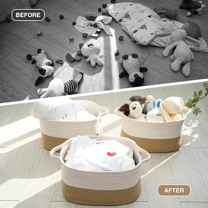Cotton Rope Woven Storage Basket, Used for Baby Hamper Toy Organizer, Gift Baskets Empty,Kids Laundry Basket,Baby Blanket Storage. Size 15x10x8.7 Inches. (White&Khaki-3PCS)-Ruum Studio Home