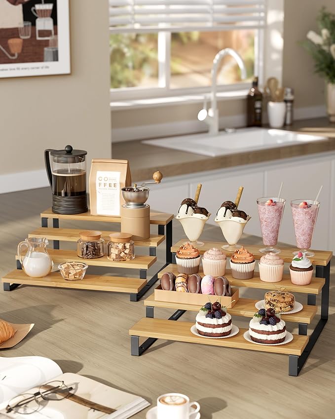 SONGMICS Display Risers, Set of 2 Engineered Wood Perfume Organizer Stand, 4-Tier Cupcake Stand Holder, Spice Rack, Shelf Risers for Figures, Dessert Shelves, Natural Beige and Ink Black UKCS216N01-Ruum Studio Home