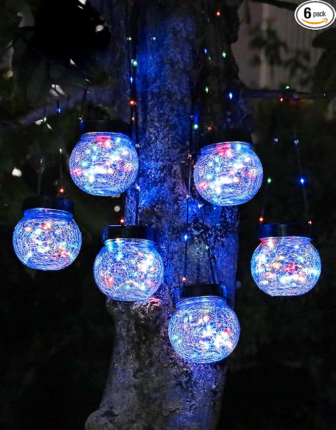 PARTPHONER Solar Lantern Solar Lights Outdoor Waterproof 6-Pack, Solar Powered Hanging Lights Cracked Glass Hanging Globes for Christmas Decoration, Shepherd Hook, Garden Tree Ornaments, Multi-Color-Ruum Studio Home