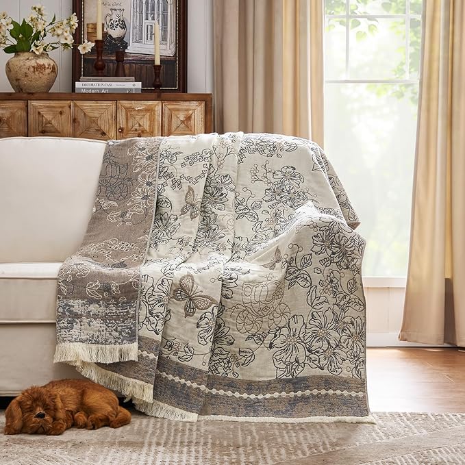 jinchan Boho Floral 100% Cotton Blanket 4-Layer Throw Blanket with Tassel Grey and White Flower Butterfly Soft Luxury Rustic Farmhouse Decor Blanket for Couch Bed 60x80 inch All Season Gift for Women-Ruum Studio Home
