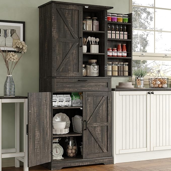 72'' Kitchen Storage Pantry Cabinet, Tall Storage Cabinet with 8 Door Shelves, 2 Cabinets and 1 Drawer, Freestanding Cupboard for Kitchen, Dining Room, Bathroom, Laundry, Living Room, Dark Rustic Oak-Ruum Studio Home