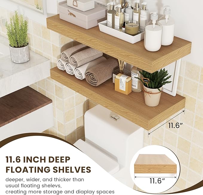 12 Inch Deep Floating Shelves | 30W x 12D Rustic Floating Shelves for Wall Set of 2 | Oak Shelves for Living Room Bathroom Laundry Room Bedroom Kitchen Home Office - Oak-Ruum Studio Home