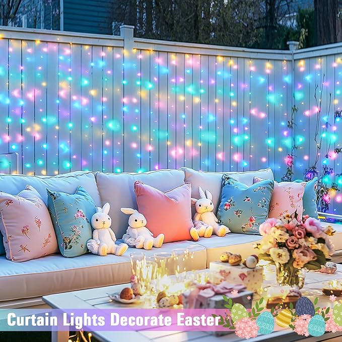 JMEXSUSS 300LED Easter Decorations Curtain Lights with Remote, 9.8x9.8ft Easter Sting Lights Plug in for Bedroom Wall Window Party Backdrop Porch Patio Garden Yard Indoor Outdoor Decor-Ruum Studio Home