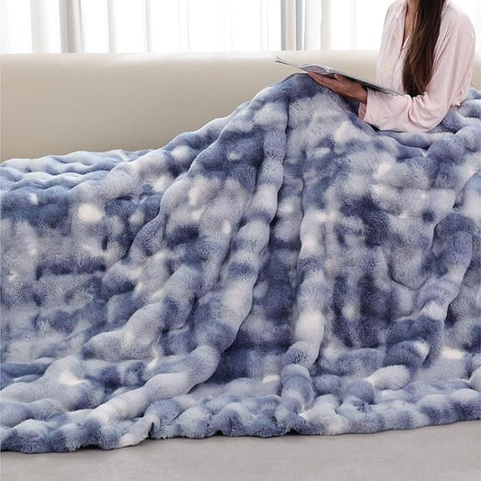 Tie-dye Blue Twin Cozy Faux Fur Blanket for Couch Bed Living Room 60x80 Furry Soft Fluffy Thick Warm Throw Blanket for Winter Home Gifts 860 GSM-Ruum Studio Home