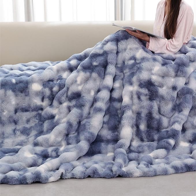 Tie-dye Blue Soft Comfy Throw Blanket for Couch Bedroom Faux Fur 50x60 Fluffy Blanket for Living Room Furry Bed Comforter Cozy Home Decor Gifts 860 GSM-Ruum Studio Home