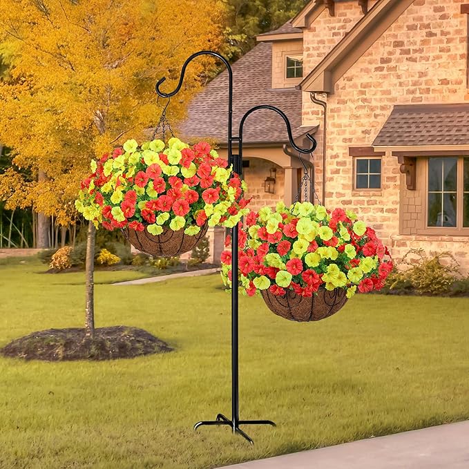 Artificial Fall Flowers Fake Hanging Plants Flowers Basket for Outdoors Autumn Decoration, Silk Morning Glory with Eucalyptus Look Real UV Resistant Faux Flowers for Outside Porch Patio Balcony, Mix-Ruum Studio Home