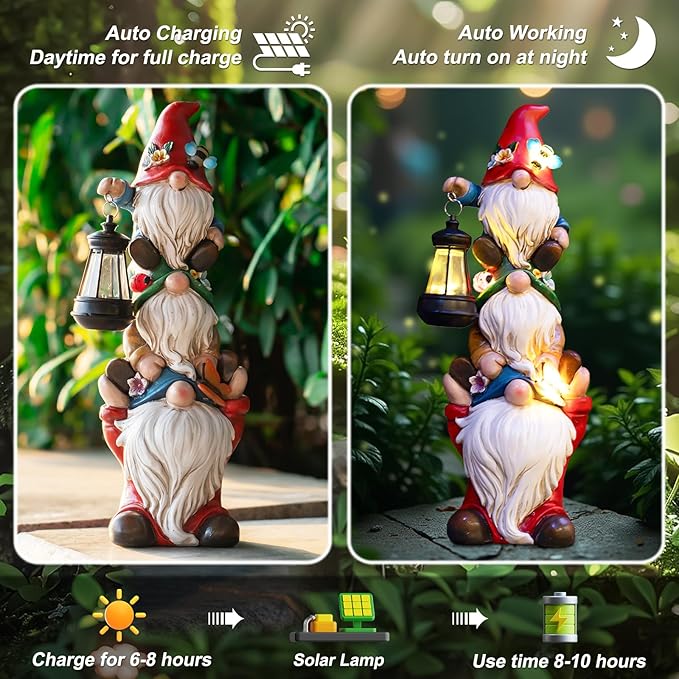 Garden Gnome Statue with Solar Lights Garden Sculptures Funny Triple Gnome Outdoor Patio Lawn Yard Balcony Garden Home Decor Birthday Gifts for Women Mom Grandma 12 in Fall Gnome-Ruum Studio Home