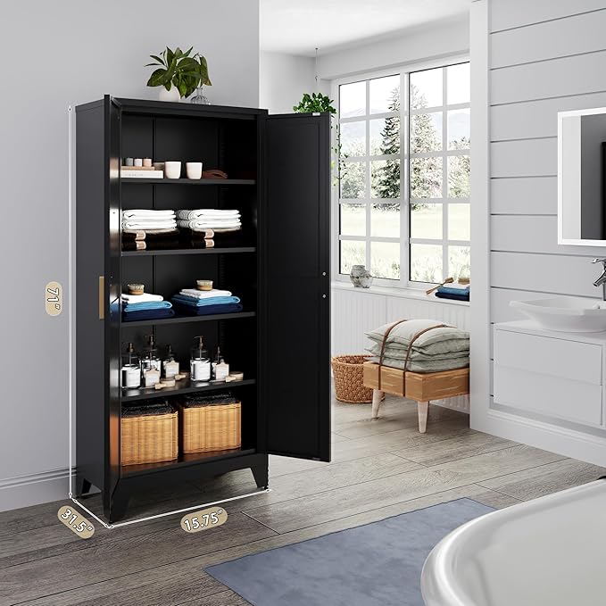 71'' Farmhouse Metal Storage Cabinet with Barn Doors,Steel File Cabinet for Home Office,Kitchen Pantry 4 Adjustable Shelves,Freestanding Cupboard for Kitchen,Home Office (Black)-Ruum Studio Home