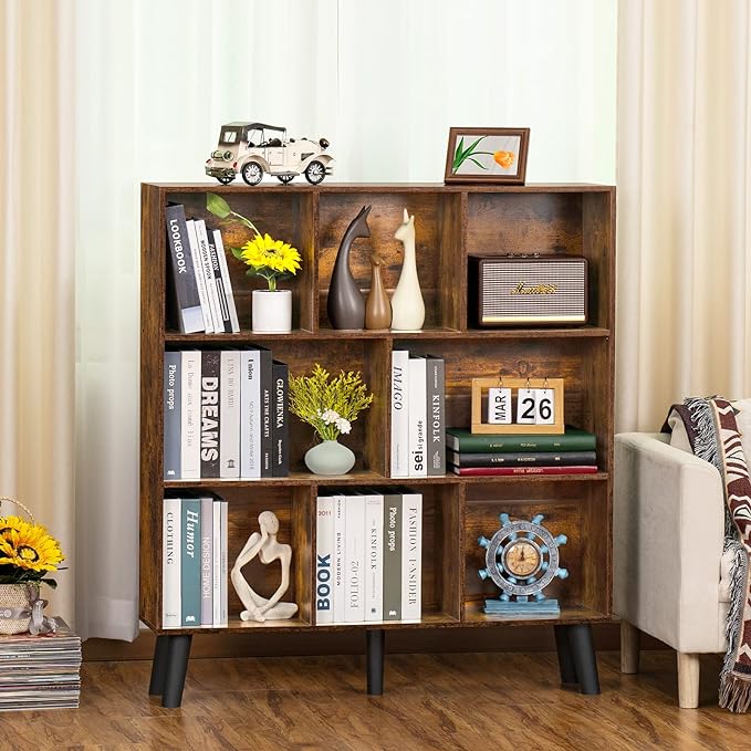 LEYAOYAO 8 Cube Bookshelf,3 Tier Bookcase with Legs,Rustic Brown Mid-Century Modern Bookshelves,Large Open Storage Organizer Shelf, Wooden Book Case-Ruum Studio Home