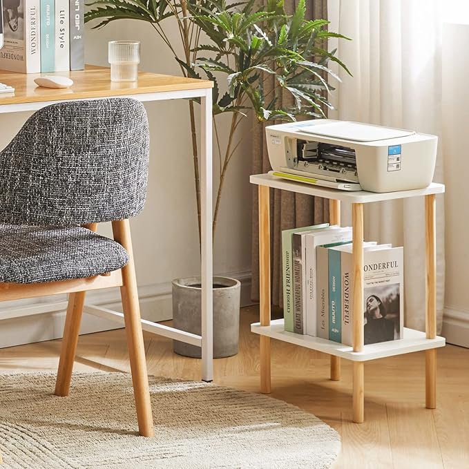 IBUYKE 2-Tier Side Table, Solid Wood Tall End Table with Storage Shelves, Nightstand Bedside Table for Living Room Bedroom Office, No-Tool Assembly, White UWST002W-Ruum Studio Home