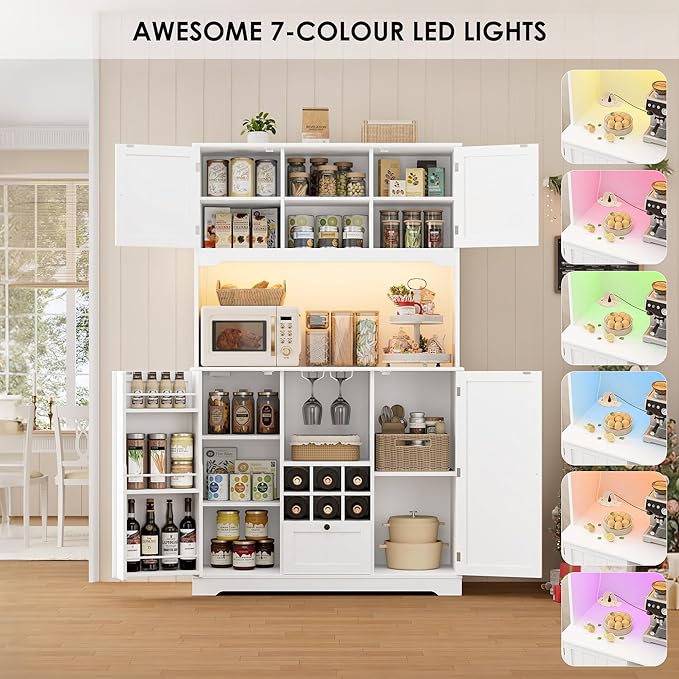 FINETONES 71" Pantry Cabinet with 7-Color LED Light and Charging Station, Kitchen Pantry Cabinet with Microwave Stand, Kitchen Hutch Food Storage Cabinet with Outlet and Wine Racks, White-Ruum Studio Home