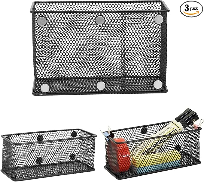 Neudeco Locker Shelf Organizer, Magnetic Pencil Holder, Metal Storage Basket for Whiteboard, Refrigerator, Ideal Cabinet for School, Black (Pack 3M)-Ruum Studio Home