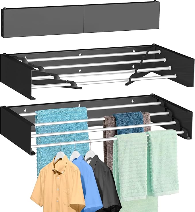 FOCHIER F Laundry Drying Rack Wall Mounted Clothes Drying Rack Collapsible with 5 Aluminum Rods and Drilling Template Long Screwdriver Bit 60 lbs Capacity (Black, 23.6“)-Ruum Studio Home