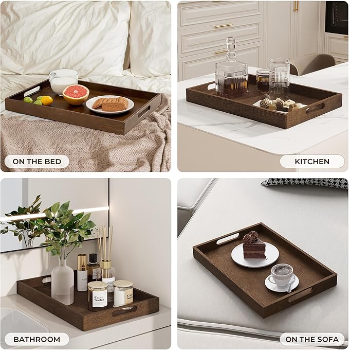 Axeman Wooden Serving Tray with Wood Handles|Ottoman Tray for Breakfast, Bed, Couch|17x12in Ash Wood Coffee Table Trays|Food Drinks Decorative Storage Boards for Ottoman Kitchen, Walnut-Ruum Studio Home