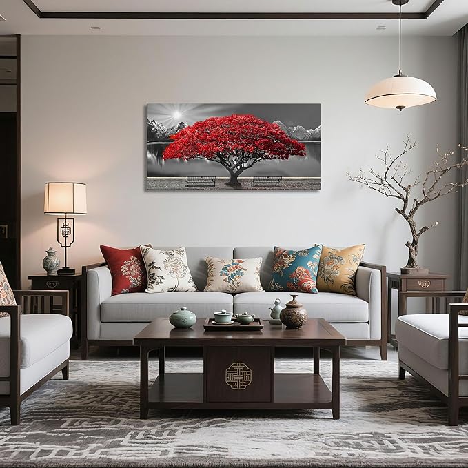 Black and White Red Tree Wall Art Canvas Print Picture Large Red Tree Landscape Modern Artwork for Living Room Bedroom Office Home Wall Decoration Decor With Frame 20x40in-Ruum Studio Home