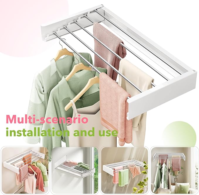 Wall Mounted Clothes Drying Rack 32 inches,Foldbale Laundry Drying Rack Wall Mount,Drying Rack Clothing Space Saver,Retractable,Collapsible,Folding Laundry Rack,White-Ruum Studio Home