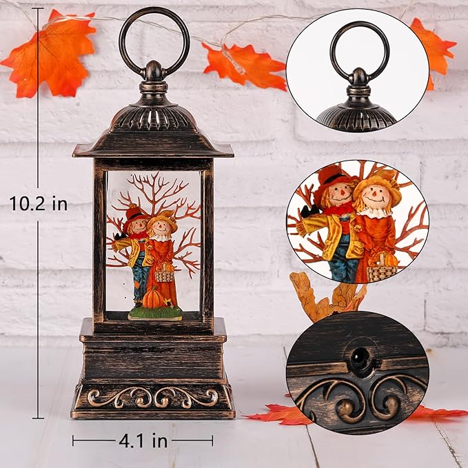 Fall Snow Globes, Scarecrow Couple with Pumpkin Scene Snow Globes, Glittering Lantern with Timer, Snow Globe Lantern USB or Battery Powered for Fall Festival Thanksgiving Day Decor-Ruum Studio Home