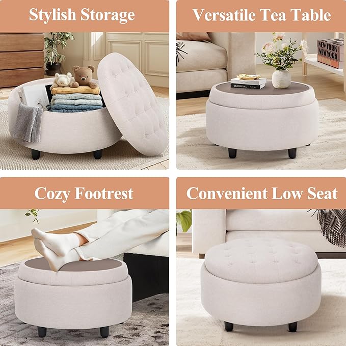 COLAMY Fabric Round Storage Ottoman with Reversible Tray Lid – Multi-Functional Footrest, Hidden Storage, Sturdy & Stylish Small Coffee Table for Living Room, Bedroom, or Entryway(Beige)-Ruum Studio Home