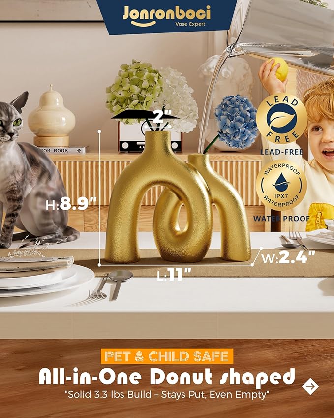 Hug Donut Decorative Vase Set - Golden Modern Classic Transitional Style Vases Home Decor, Matte Ceramic Decorations for Living Room Shelf, Bookshelf Mantle Entryway Table or Console Décor (Gold)-Ruum Studio Home