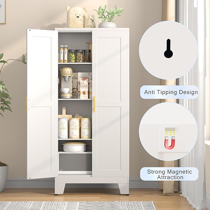 61.02" Pantry Cabinet, Kitchen Pantry Storage Cabinets with Adjustable Shelves and Feet, White Pantry Storage Cabinet for Kitchen, Dining Room, Living Room and Bathroom (White) Metal-Ruum Studio Home