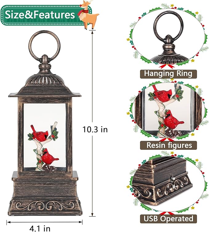 Christmas Snow Globe Cardinal Lantern, Glitter Lighted Christmas Decorations for Home with Music, Light Up Musical Snowglobe Cardinal Décor-Ruum Studio Home
