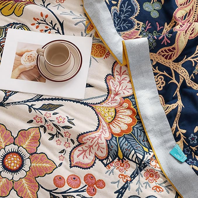 Boho Muslin Blanket for Adults 6-Layer Gauze 80 x 90 Inches Soft Cozy 100% Cotton Summer Cooling Blanket Floral Farmhouse Home Decor Sofa Bed Coverlet Both Sides (Boho Floral, 80 x 90 in)-Ruum Studio Home