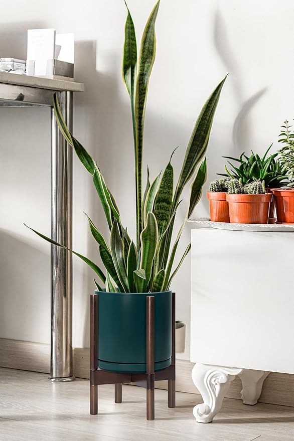 D'vine Dev Ceramic Planter with Walnut Color Stand - 10 Inch Modern Round Flower Pot with Wood Planter Holder, Teal, 55-B-X-4-Ruum Studio Home