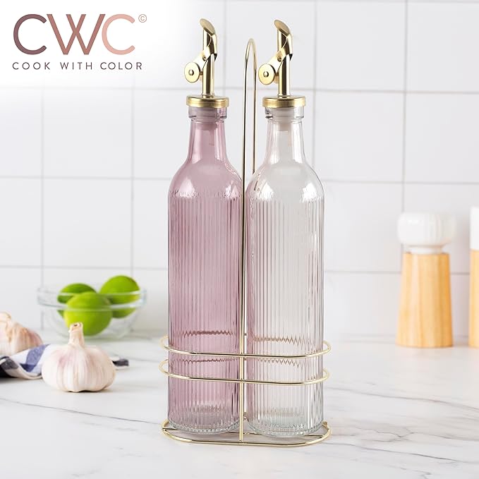 COOK WITH COLOR Glass Olive Oil Bottle Dispenser - 2 Pack- 17oz Oil and Vinegar Cruet - Olive Oil Carafe Decanter for Kitchen-Ruum Studio Home