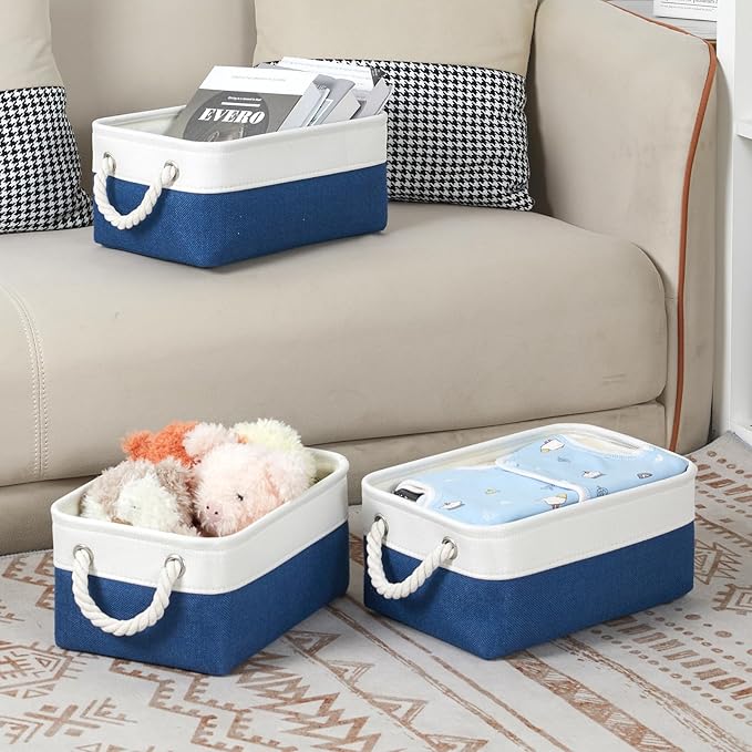 Bidtakay Small Storage Baskets for Shelves 3 Pack Fabric Storage Bins for Organizing Linen Collapsible Organizer for Closet-White&Blue-Ruum Studio Home