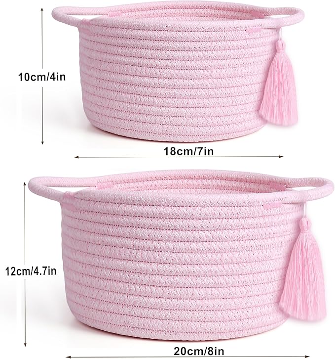 Small Cute Empty Gift Basket Little Woven Rope Organizer Baskets for Baby Shower Gifting, Makeup Brushes Holder, Bathroom- Decorative Vanity Storage Bins - 2 Pack, Pre-Shaped, Pastel Pink-Ruum Studio Home